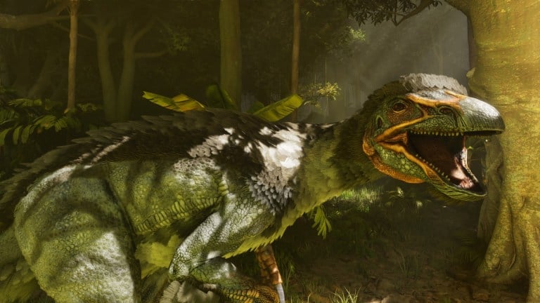 A Therizinosaur in Ark: Survival Ascended roars at a player.