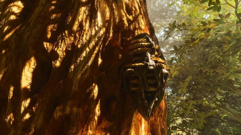 A Giant Beehive on the side of a Redwood Tree in Ark: Survival Ascended.