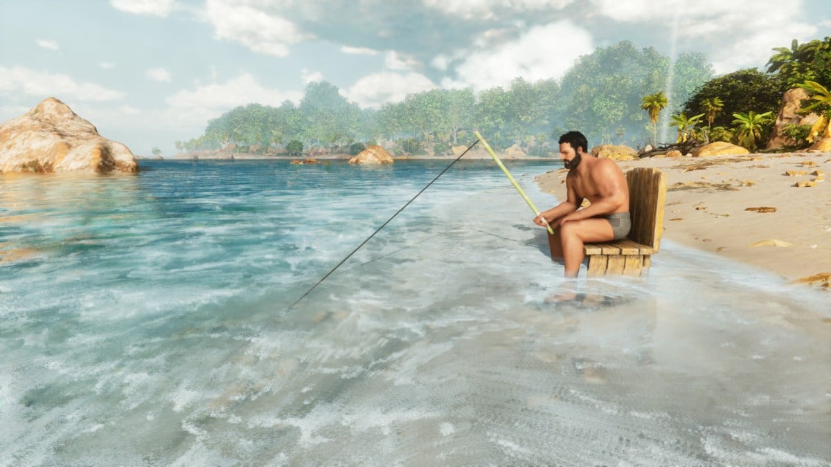 A survivor in Ark: Survival Ascended sat on a chair fishing.