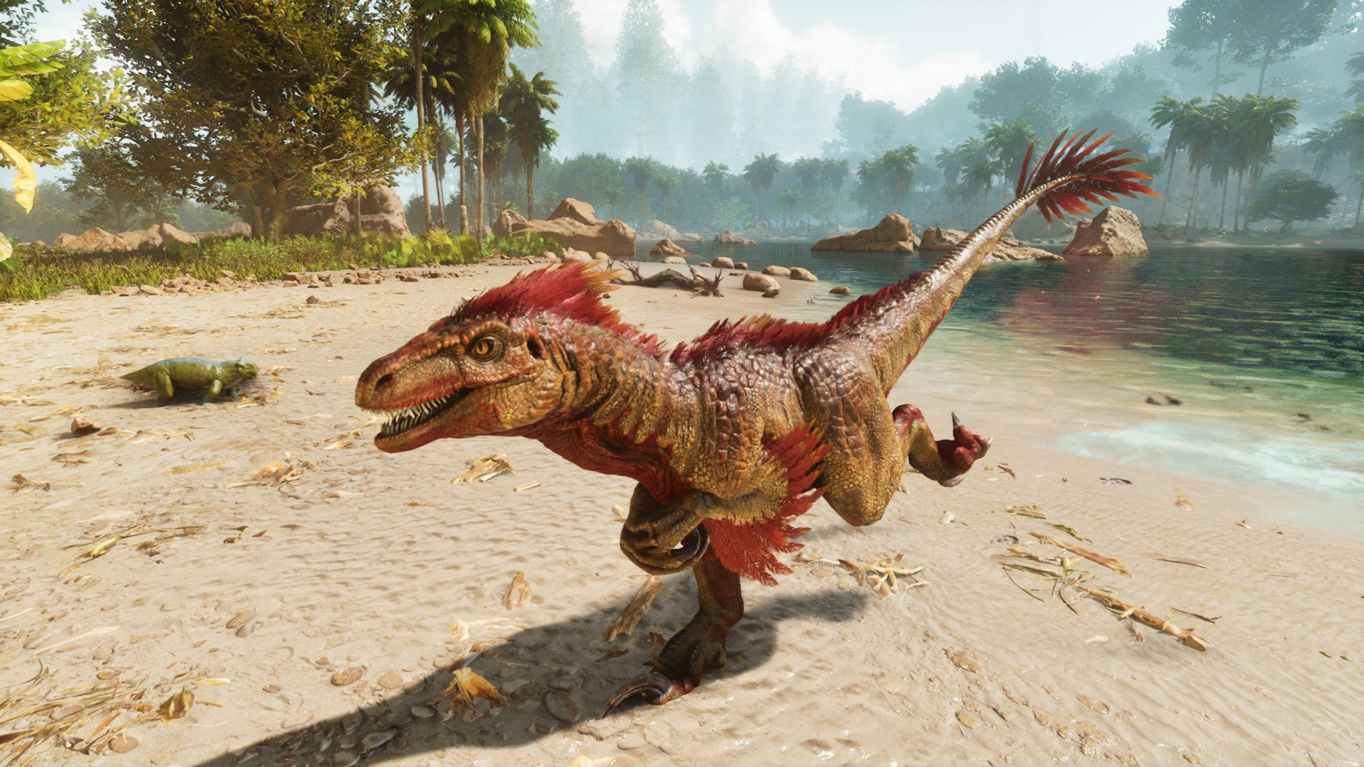 An Alpha Raptor patrolling the beach in Ark: Survival Ascended.