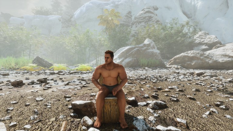 A player in Ark: Survival Ascended sitting on a toilet on a beach.