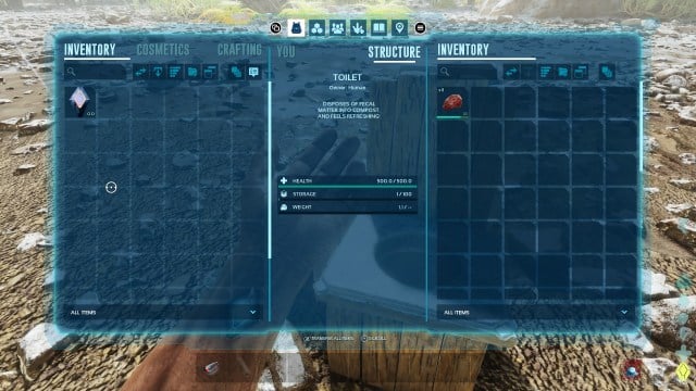 A screenshot of a player in Ark: Survival Ascended looking in the inventory of a Toilet.