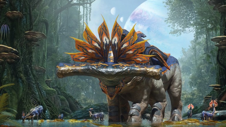 A creature in Avatar: Frontiers of Pandora towering over the environment.