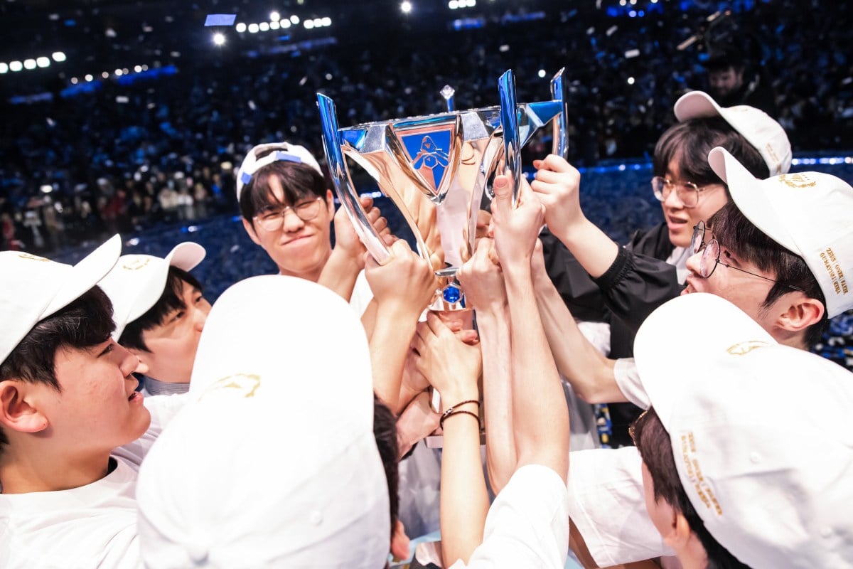 T1 lift the Summoner's Cup after winning the LoL World Championship in 2023