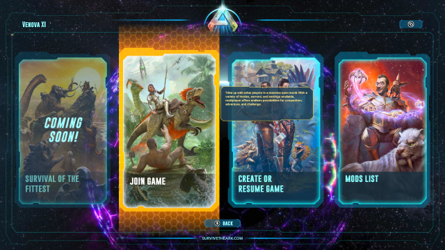 A screenshot of the main menu in Ark: Survival Ascended showing options.