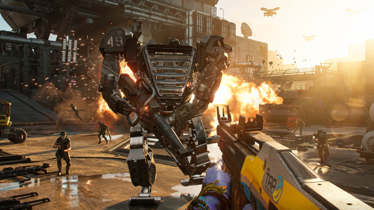 A player in Avatar: Frontiers of Pandora fights an RDA Mech.