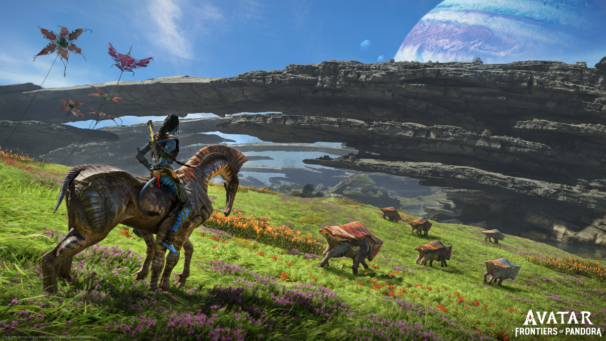 Avatar: Frontiers of Pandora character riding a creature while looking at a field with arched stones.