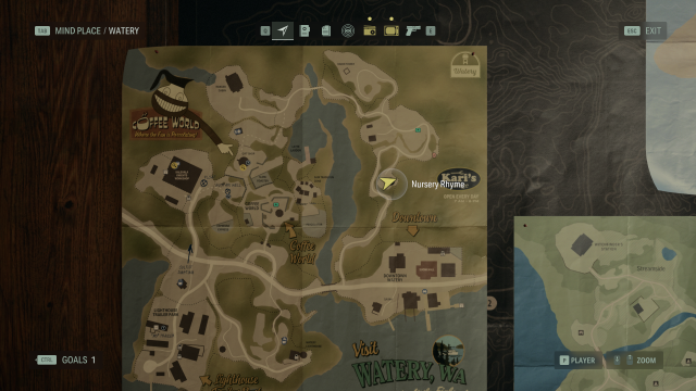 The map of Watery in alan wake 2, with Saga's player icon resting on top of a Nursery Rhyme in the woods north of downtown watery.