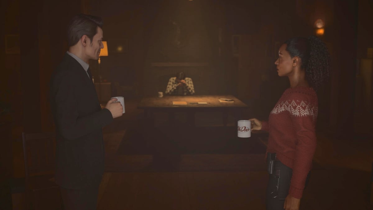 Alan Wake 2: Saga and Alex looking at Alan inside lodge