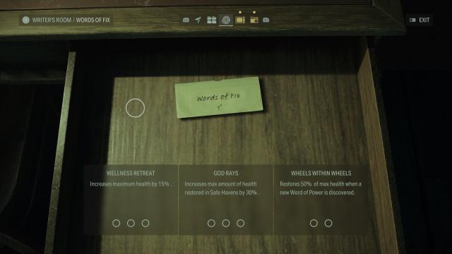 Alan Wake 2: Words of Fix menu