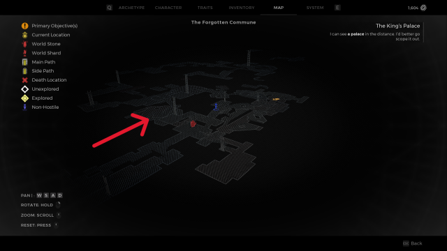 The map of the forgotten commune in Remnant 2, with an arrow highlighting the position of a Befouled Altar.