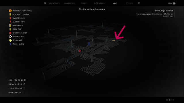 The map of the forgotten commune in Remnant 2, with an arrow highlighting the position of the second Befouled Altar.