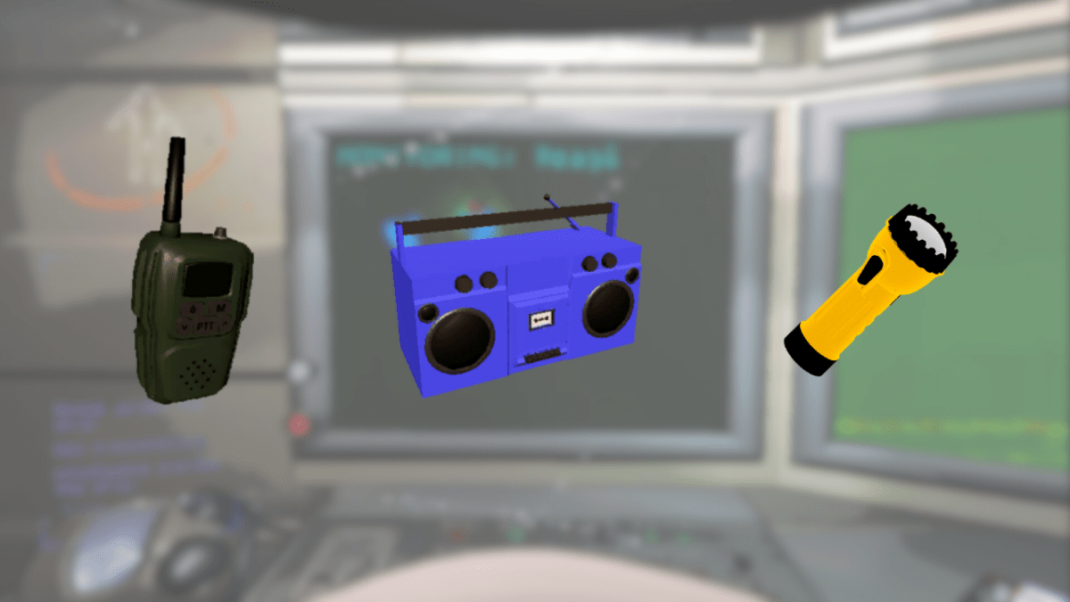 A montage of Letham Company's Walkie-Talkie, Boombox, and Pro-Flashlight on a blurred ship background.