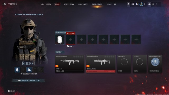 MWZ: Backpack and loadout main menu screen