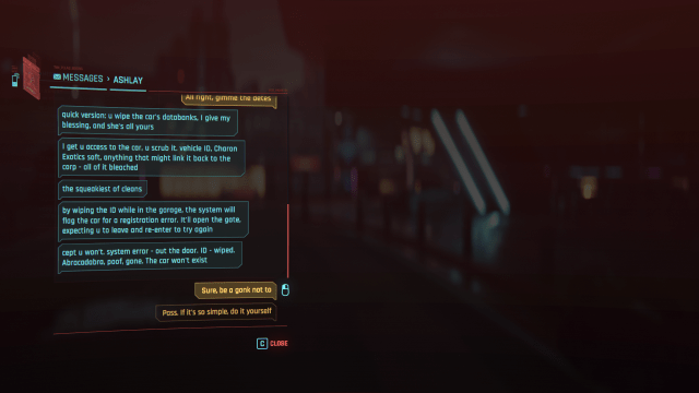 a text conversation between V and Ashlay, in which the R7 Charon car is discussed in Cyberpunk 2077.