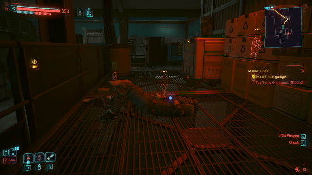 A warehouse interior, with several enemies being highlighted in red through walls in Cyberpunk 2077.