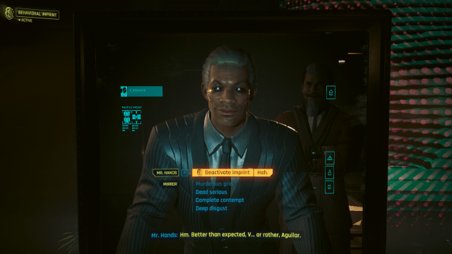 Aguilar, the cuban assassin, looking at himself in a mirror in Cyberpunk 2077