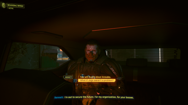 Bennett sitting in the back seat of his car during a conversation with V (Cyberpunk 2077).