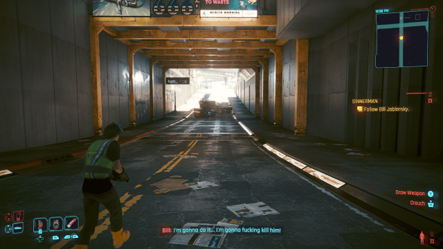 Bill marching towards officer Vasquez and a police car in Cyberpunk 2077. The scene takes place on a concrete road in a tunnel during the day.