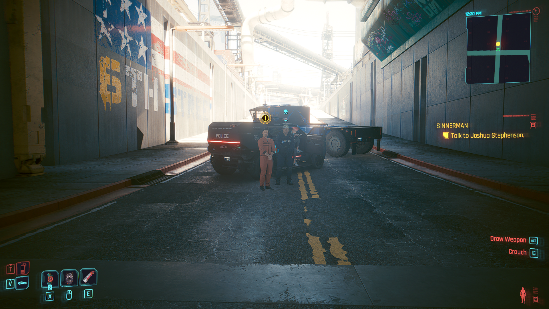 Joshua and Vasquez standing outside of an NCPD Cruiser in Cyberpunk 2077. The scene takes place during the day under a concrete bridge that casts shadow on the otherwise bright day.