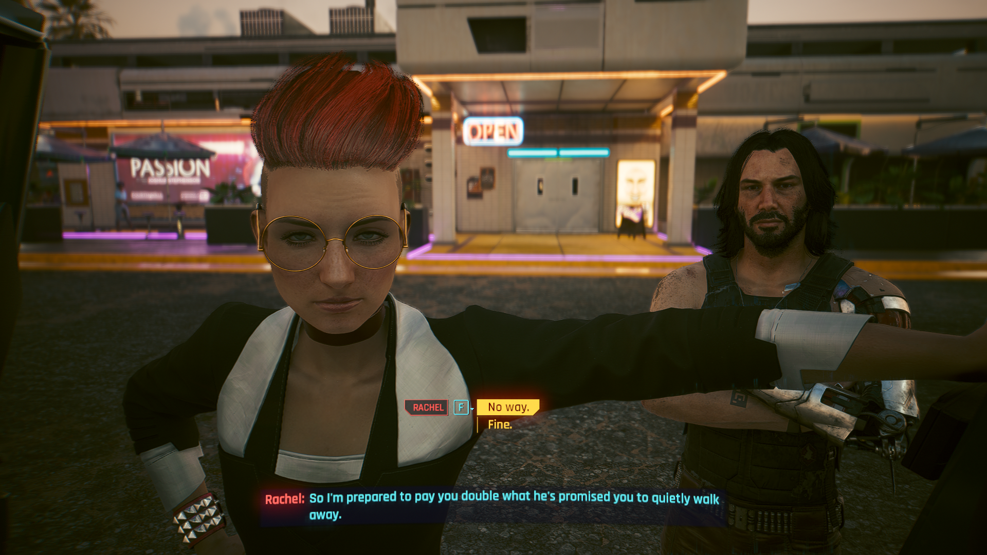 Rachel trying to bribe V in the parking lot of a diner while Johnny watches in Cyberpunk 2077.