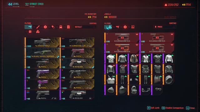 The shopping inventory menu screen in Cyberpunk 2077.