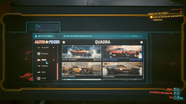 The autofixer menu in Cyberpunk 2077 where new cars can be purchased.