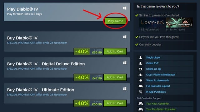 Diablo 4 Steam page with arrow pointing to free trial