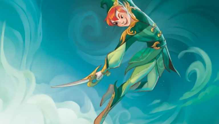 Peter Pan flying with sword in hand