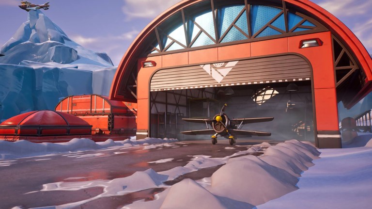 A Plane taking off from a hangar in Fortnite.