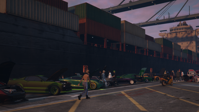 GTA 5 docks with fancy cars all lined along it, with plenty of colourful customizations.