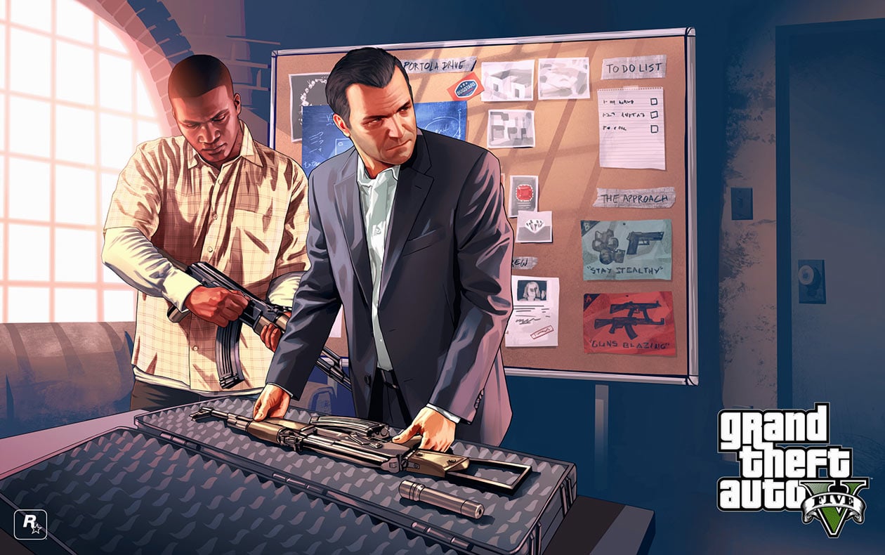 GTA 5 protagonists Michael and Franklin plan a heist.