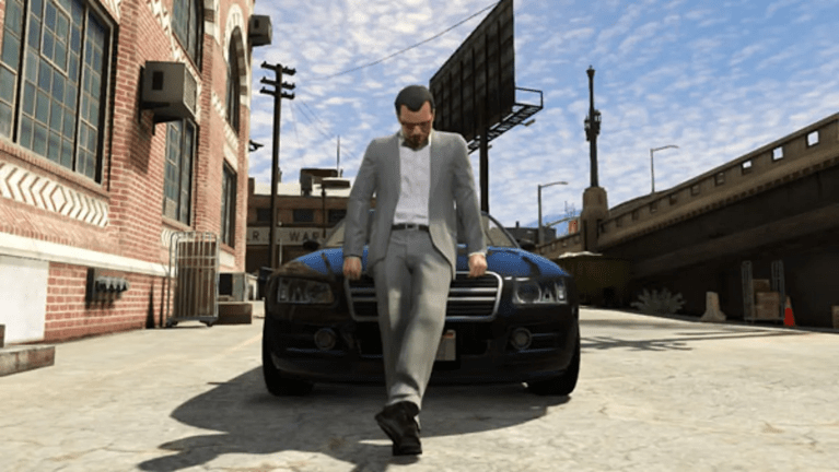 Michael sitting on a car hood in GTA V