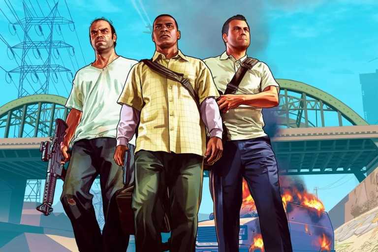 Promotional artwork of Michael, Franklin and Trevor from GTA V