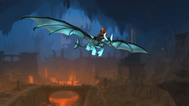 WoW character and Grotto Netherwing Drake flying over Zaralek Cavern