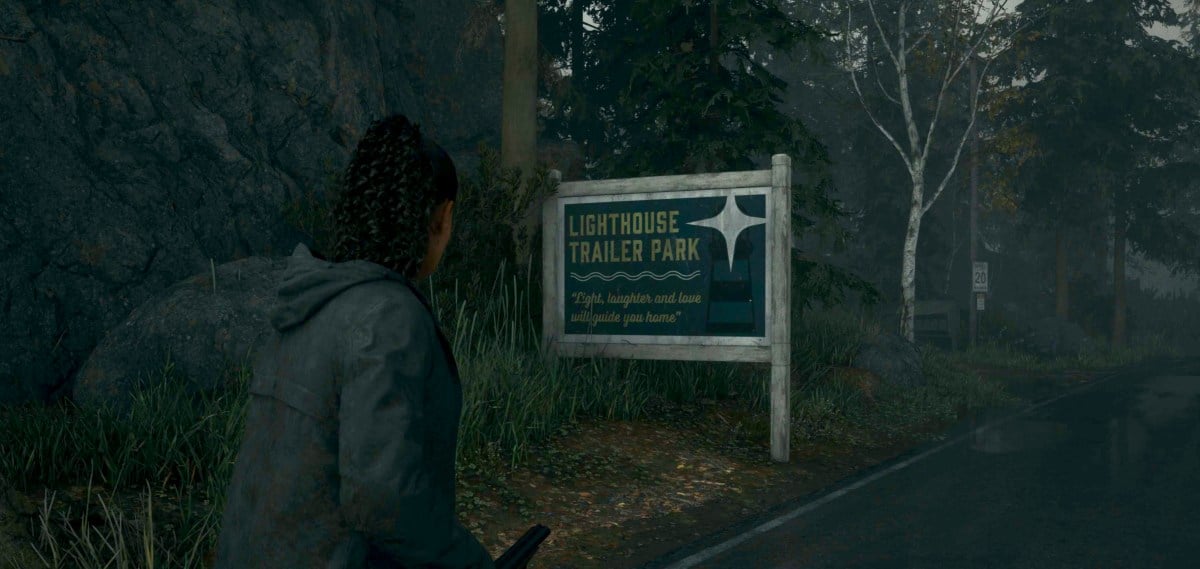 An in game screenshot of the Watery Lighthouse trailer park sign