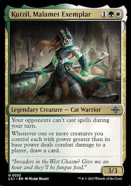 Kutzil, Malamet Examplar is a legendary Cat Warrior from Lost Caverns of Ixalan