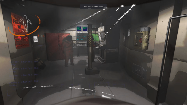 The screenshot shows a couple of crewmembers in their base in Lethal Company and it also shows the ship upgrade  Loud Horn, which can be activated when its rope is pulled.