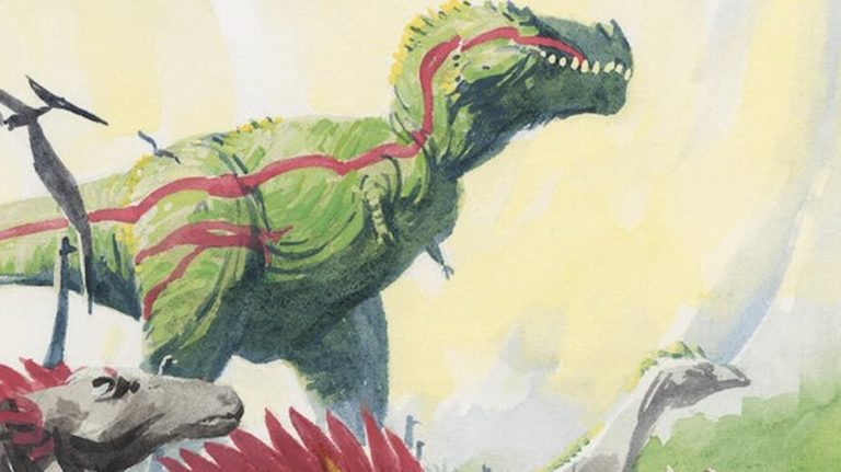 Image of Dinosaurs walking the MTG plane of Ixalan