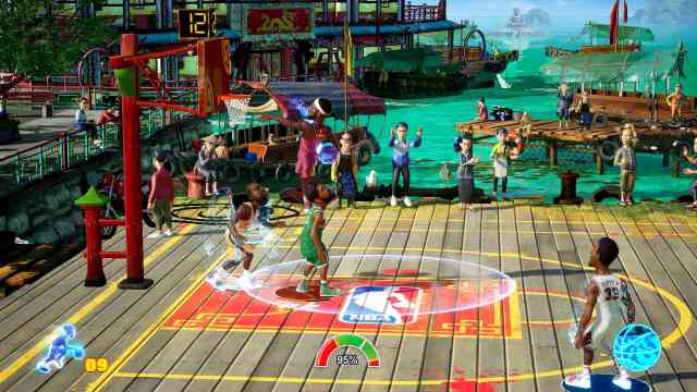 Screenshot of 2vs2 basketball game NBA Playgrounds. In the screenshot, the NBA Playgrounds version of LeBron James is getting ready to dunk the ball.