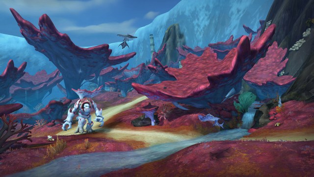 A landscape view of Nazjatar in World of Warcraft. Coral reefs can be seen sprawling throughout the entire image.