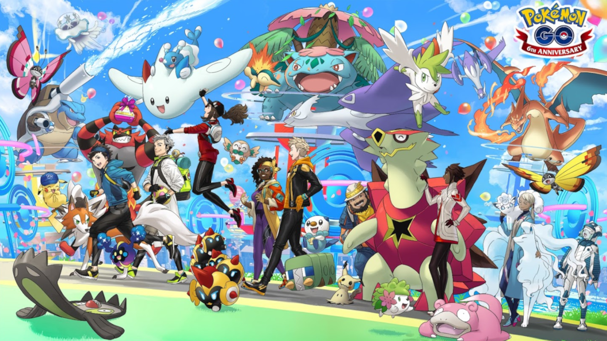 Pokemon and original Pokemon Go NPCs celebrating the game's 6th anniversary.