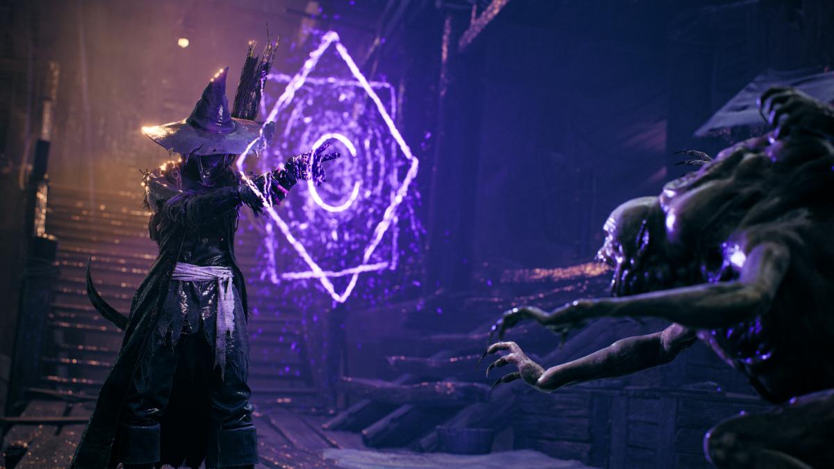 A screenshot from Remnant 2 showing a character in a witch's outfit with glowing purple diamond-shaped magic in front of them.