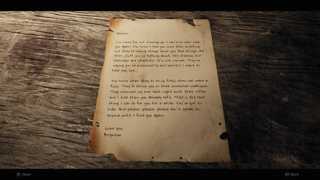 A note in Remnant 2, in which a character named Brynlow writes to a character named Elowen and tells her to go into hiding.