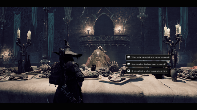 The Hero in Remnant 2 speaking with The Feast Master in The Great Hall.