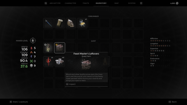 The inventory menu of Remnant 2, which shows the Feast Master's Leftovers in the player's inventory.