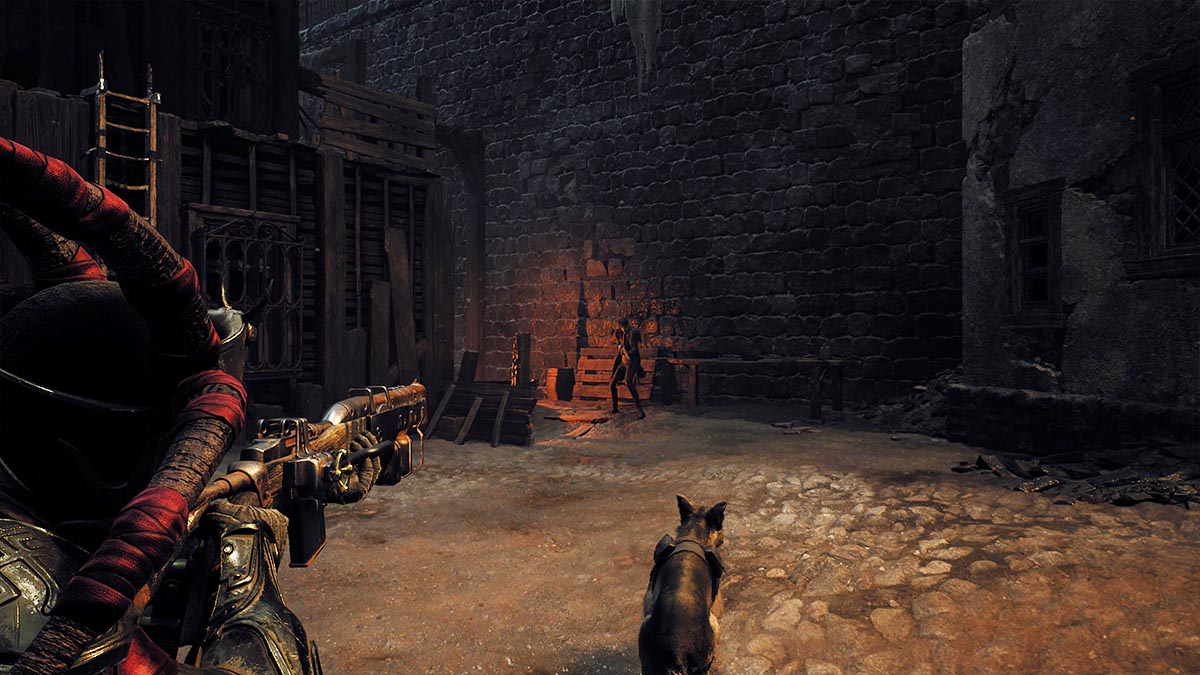 A character with a rifle aiming at a gun-wielding enemy in Losomn in Remnant 2