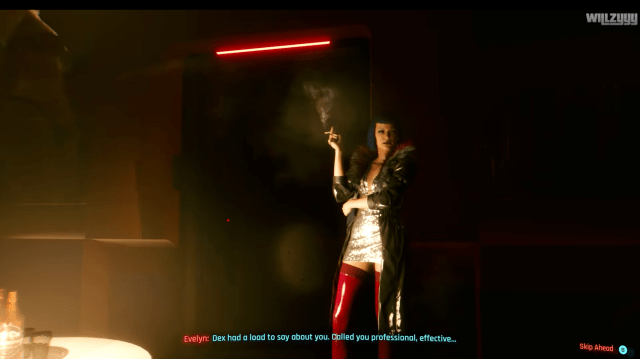 Evelyn stands with a cigarette in minimal light in Cyberpunk 2077.