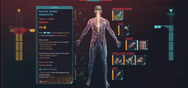 Info page for the Zetatach Sandevistan from Cyberpunk 2077 with a human x-ray.