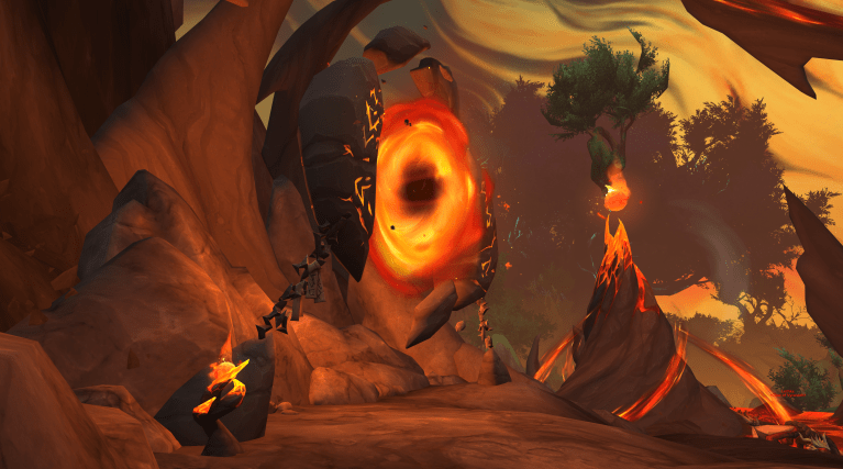 A blazing portal in the Emerald Dream in WoW Dragonflight, home to the rare spawn Firebrand Fystia